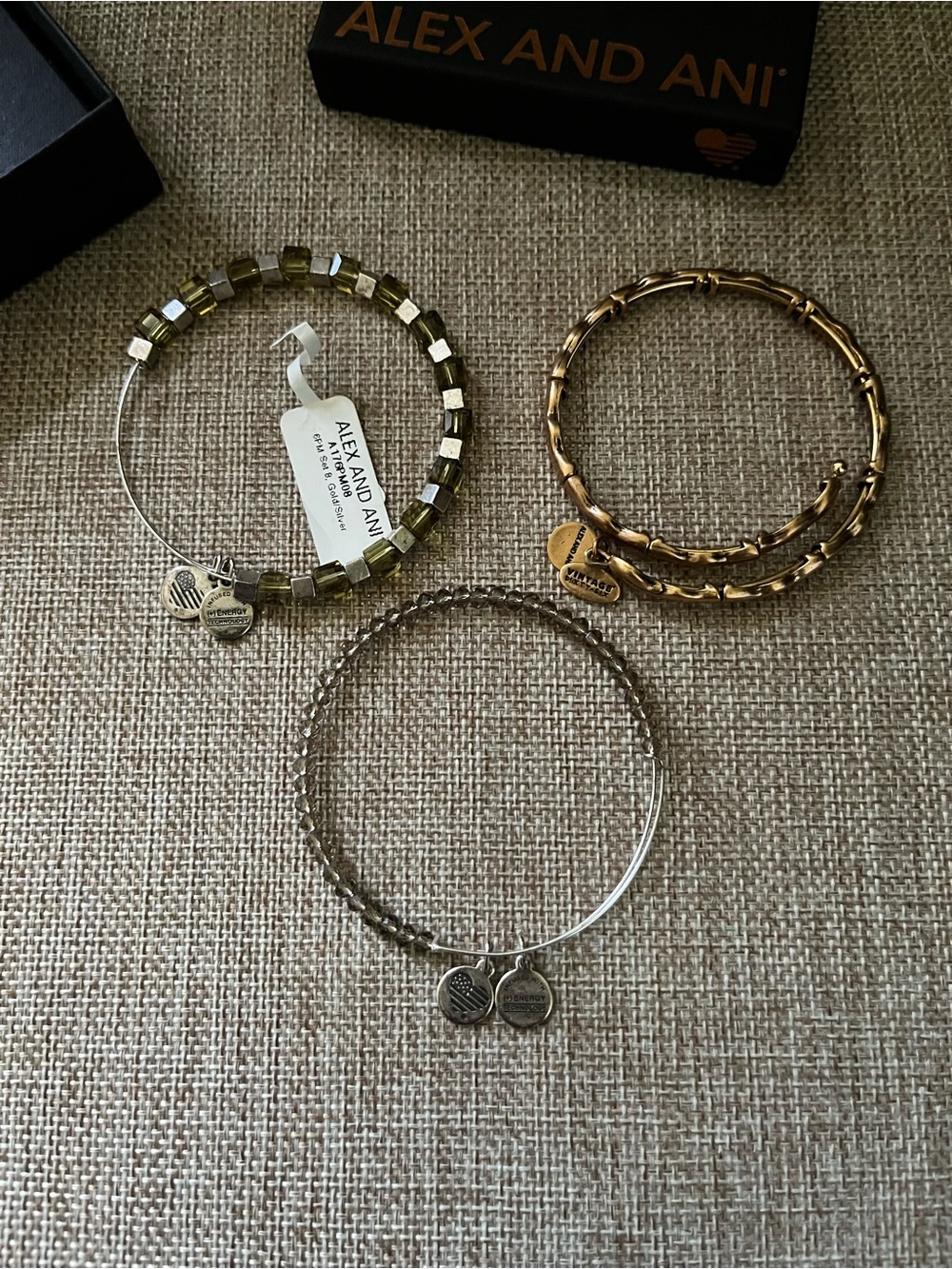 Alex and Ani Gold and Silver Mixed Metal Bracelet Trio with Olive-Green Beads - Picture 2 of 10